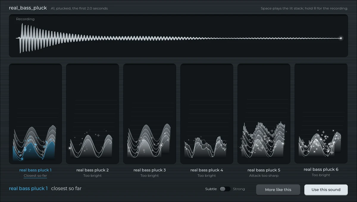 Transcend matching a recorded bass pluck: the recording on top, six candidate sounds below, the closest 86% alike.