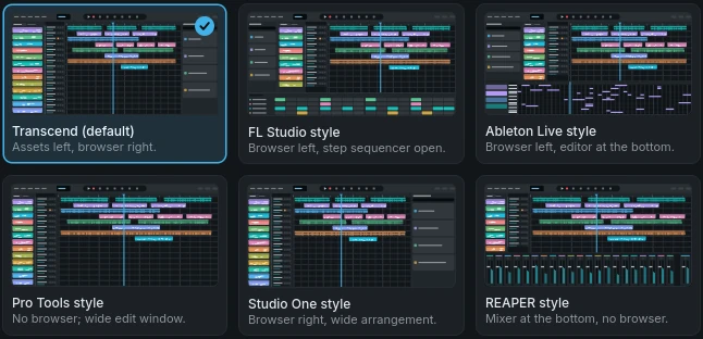 Transcend's layout picker: Transcend, FL Studio style, Ableton Live style, Pro Tools style, Studio One style and REAPER style, each drawn as the window it makes.
