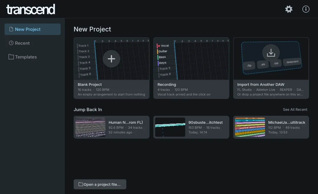 Transcend's start screen: Blank Project, Recording and Import from Another DAW, with recent projects underneath, one of them imported from FL Studio.