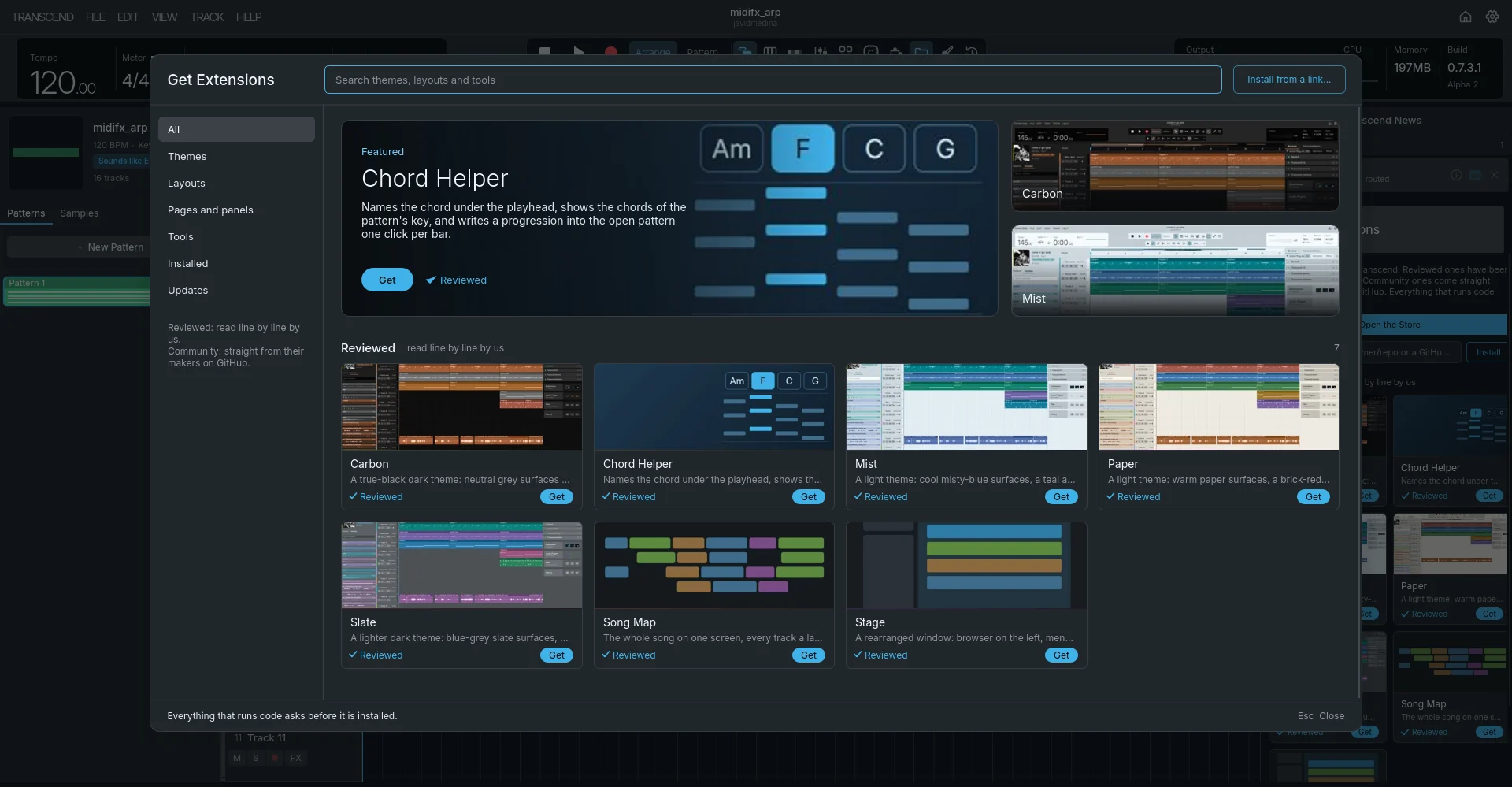 The extension Store in Transcend: Chord Helper featured, then Reviewed themes, layouts and tools.